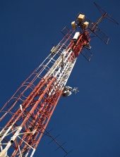 Broadcasting transmitter against the blue sky